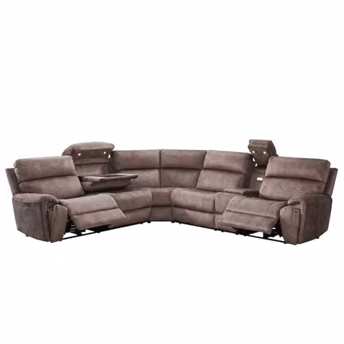 Furnishings For Less UK Valtos 5 Seater L-Shape Electric Reclining Corner Sofa in Brown Fabric with USB Charging and Cup Holders