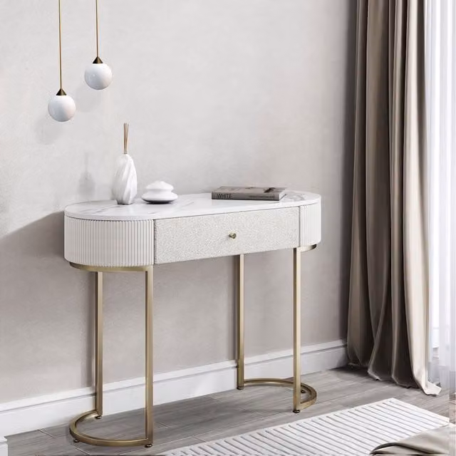 CARME Modern Oval Upholstered Dining Table in White, Grey and Gold