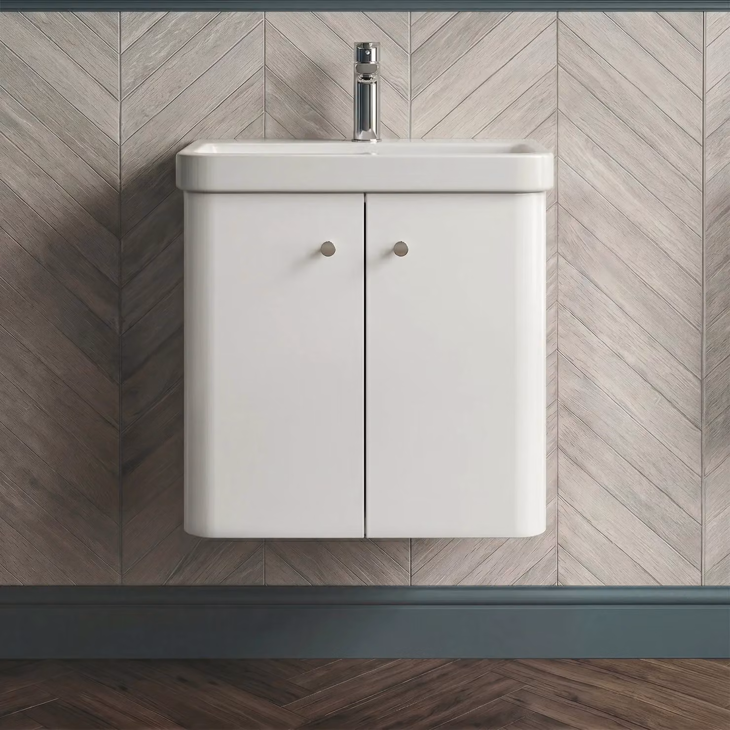 Balterley Modern Wall Hung 2 Door Bathroom Vanity Unit with Basin, Gloss White, Width: 60.5 cm – 2