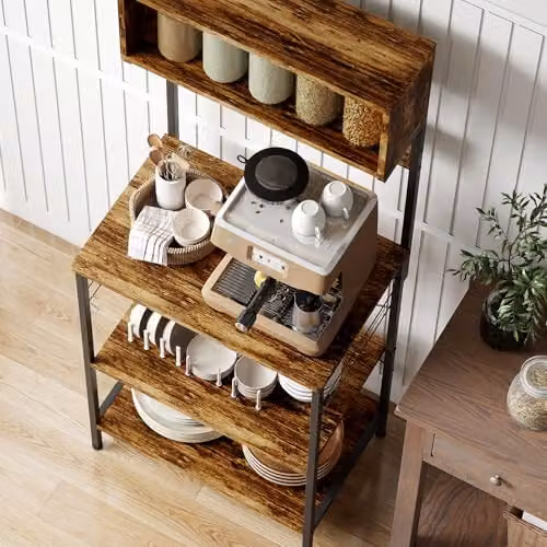 HOMCOM Kitchen Storage Rack with Power Outlet, Rustic Brown and Black, W: 60 cm, D: 42 cm, H: 153 cm – 7