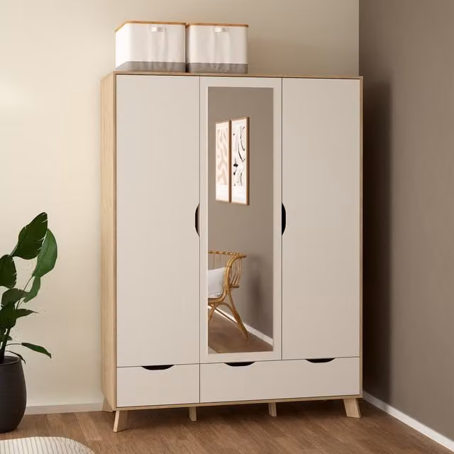 Furniture To Go Ikast Wardrobe with 3 Doors, 2 Drawers and Mirror in Jackson Hickory and White