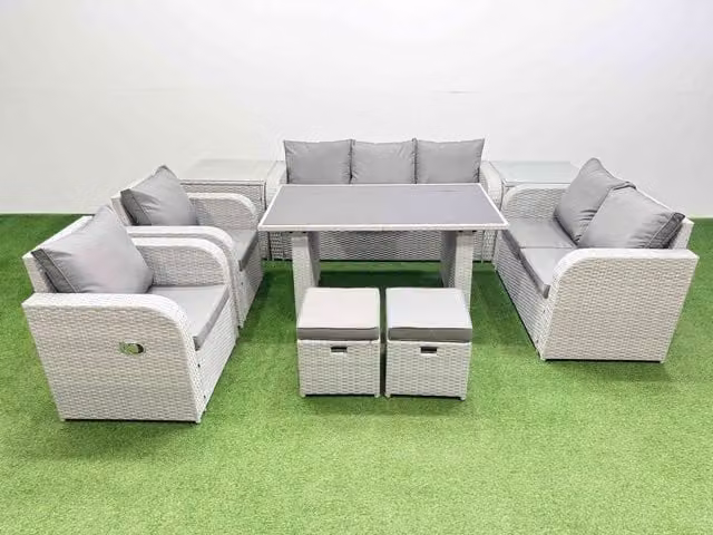 Fimous 9 Seater Garden Furniture Set with 2 Small Stools and 2 Side Tables in Light Grey