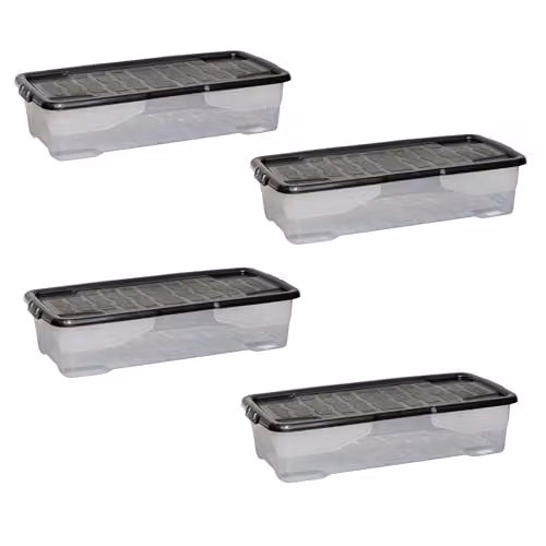 Samuel Alexander 4 Pack of 42L Under Bed Storage Boxes with Black Lids, Transparent and Stackable – 2
