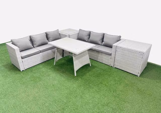 Fimous 6-Seater Patio Set with Rectangular Table, 3-Seater Sofa and 2 Side Tables in Light Grey