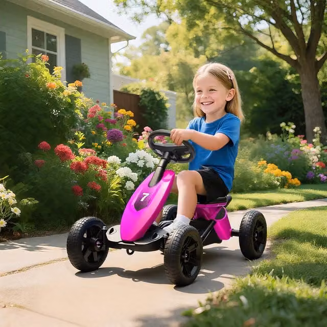 AIYAPLAY Kids Pedal Go-Kart with Silent EVA Foam Wheels in Pink