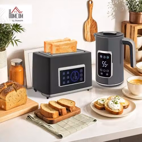 HOMCOM Grey Kettle and Toaster Set with LED Touch Screen, 1.7 l – 2