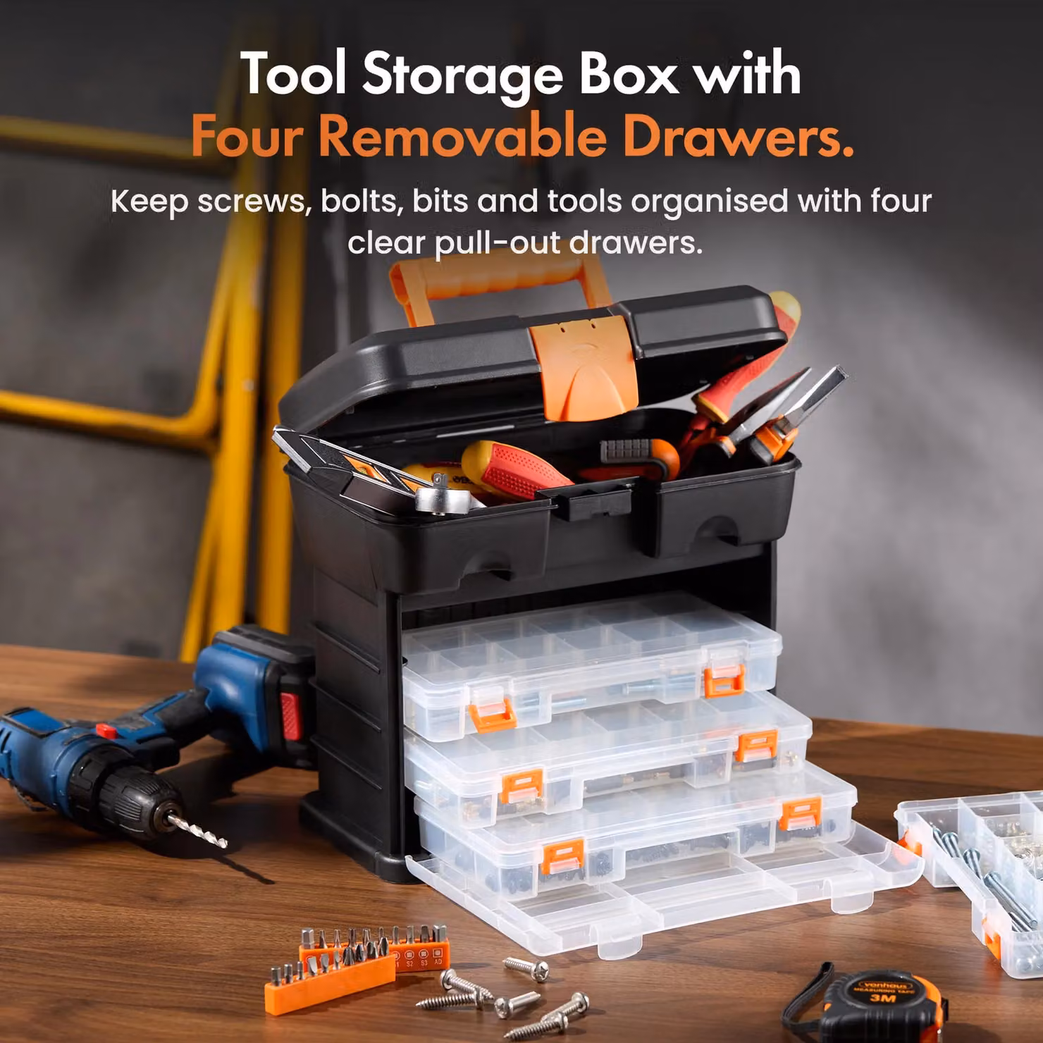 VonHaus Plastic Utility Tool Box Storage Organiser Case in Black with Inserts – 3