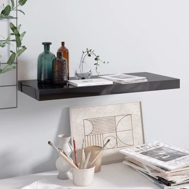 Berkfield Home Floating Wall Shelf in High Gloss Black, W: 60 cm, D: 23.5 cm, H: 3.8 cm
