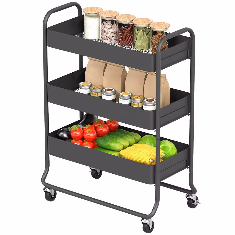 STILVORA Metal Storage Trolley with 3 Baskets in Matt Black – 4