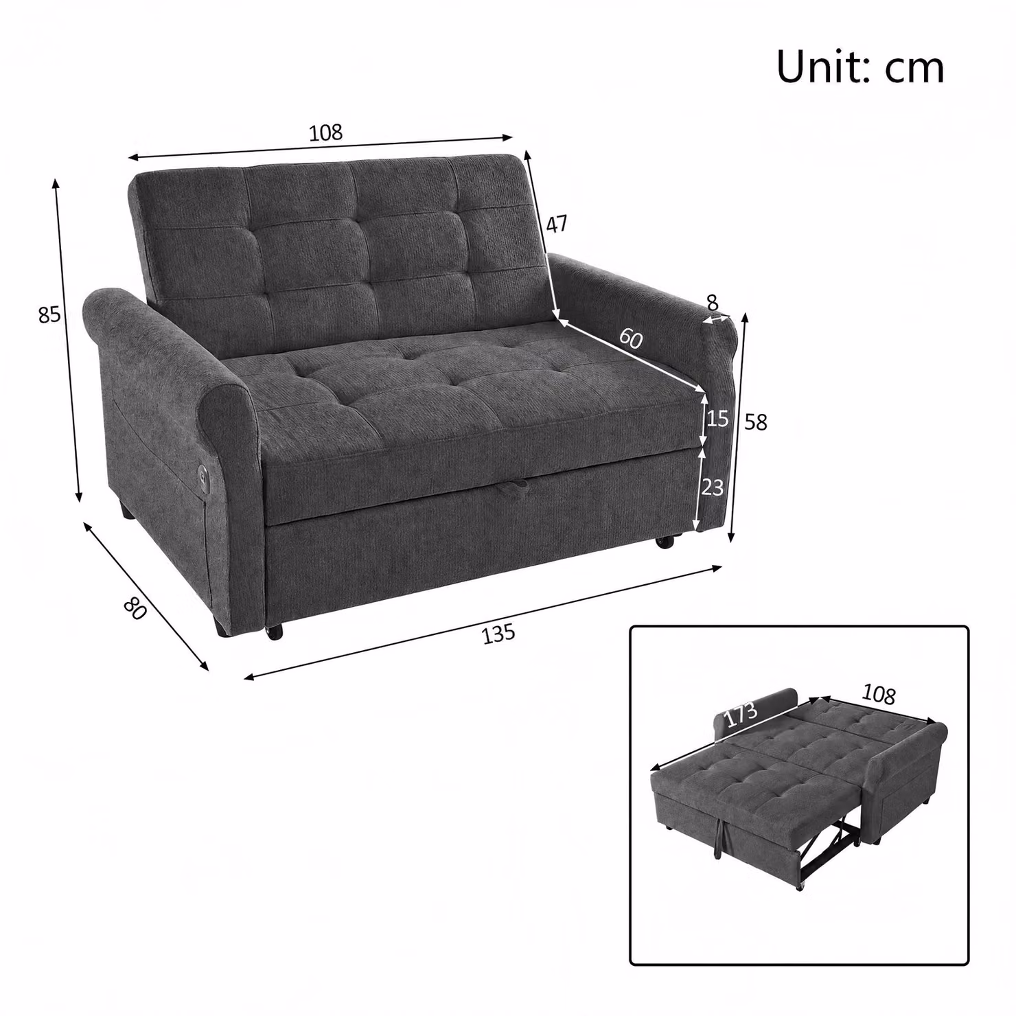 Aosom UK Convertible Sofa Bed in Dark Grey with Adjustable Backrest, USB and Type-C Ports, and Storage Pocket, W/D/H: 173 x 135 x 58 cm – 3