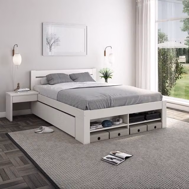 Noomi White Double Storage Bed with Drawers in Lacquered Solid Pine