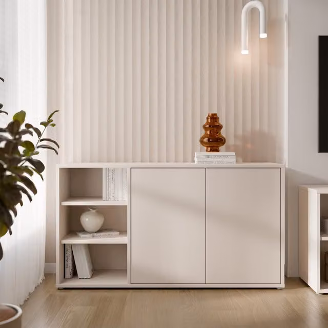 Furniture To Go Alice Springs Sideboard with Open Shelving and Push-Open Doors in Sand