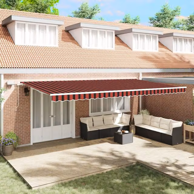 Berkfield Home Manual Retractable Wall-Mounted Folding Arm Awning with LED in Orange and Brown Striped, W: 600 cm, D: 300 cm – 1