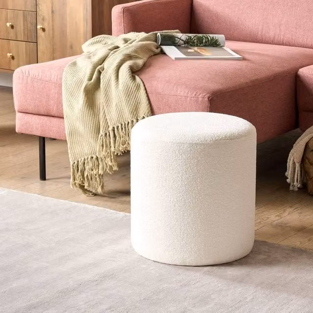 Wyld and Coco White Bouclé Round Pouffe, W/D/H: 39 x 39 x 41 cm