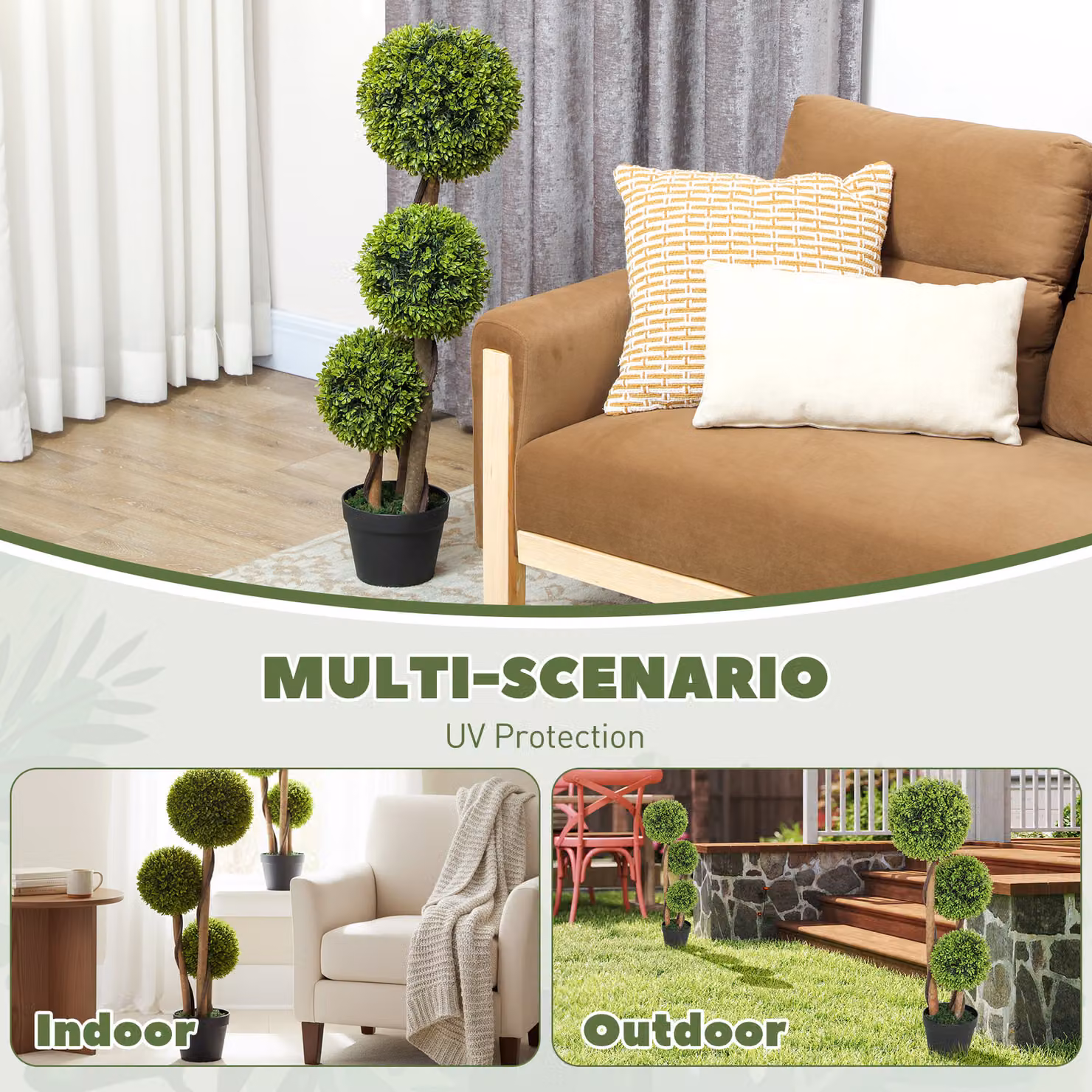 HOMCOM Set of 2 Green Artificial Boxwood Ball Topiary Trees with Concrete Pots for Indoor and Outdoor Tabletop Decor – 4