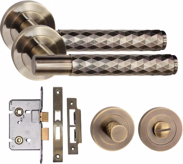 Golden Grace Brass Knurled T-Bar Diamond Cut Bathroom Door Handle Set with Mortise Lock in Gold and Bronze