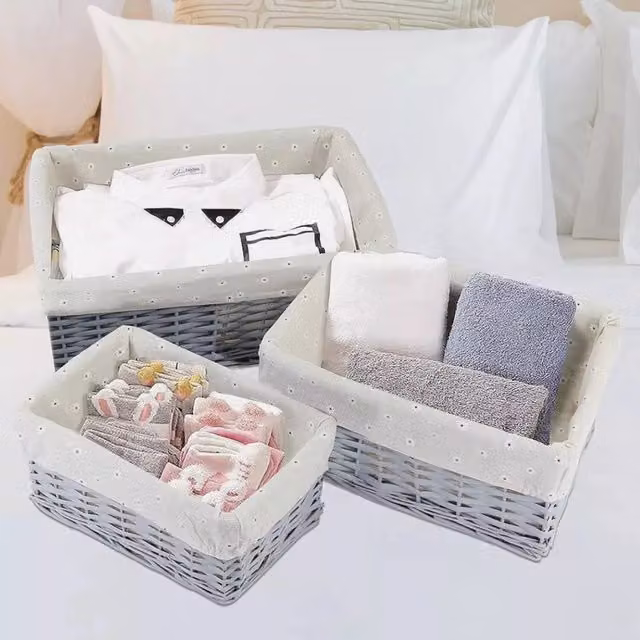Marco Paul Set of 3 Grey Open Weave Wicker and Rattan Storage Baskets with Fabric Lining