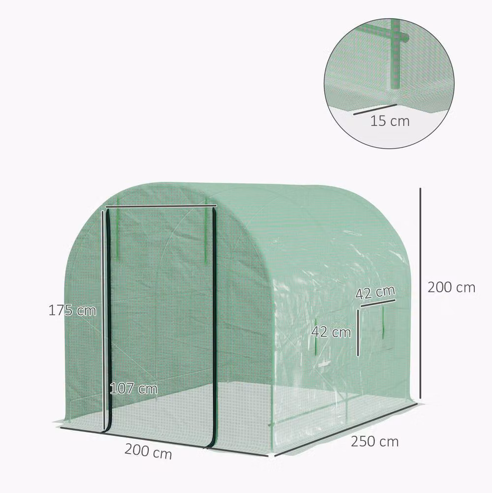 STILVORA Green Walk-In Polytunnel Greenhouse with 4 Windows, W/D/H: 2.5 x 2 x 2.5 m – 2