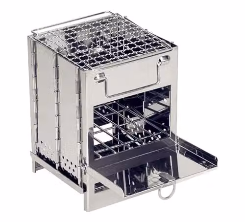 AMOS Compact Portable Foldable Wood Burning Stove and Outdoor Grill in Silver Stainless Steel with Carry Case