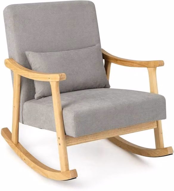 Costway Scandinavian Upholstered Wooden Rocking Accent Chair with Rubberwood Armrests in Beige or Grey