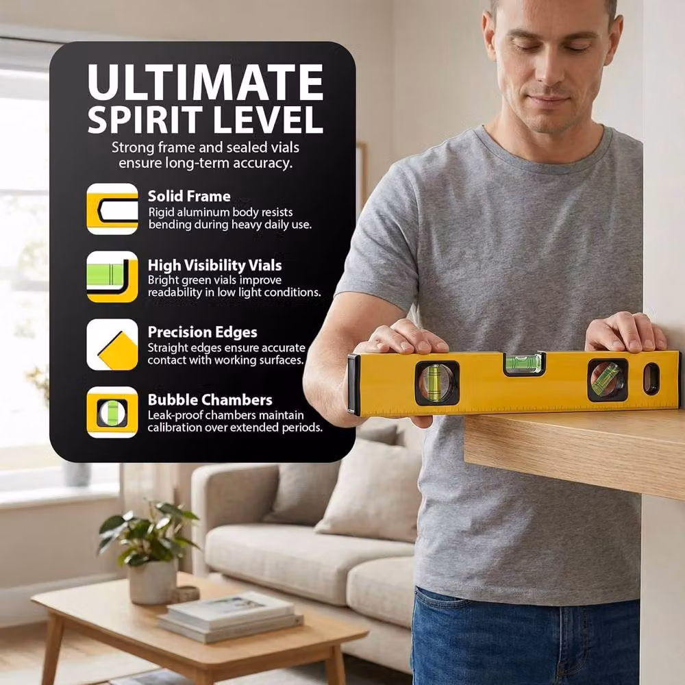 ATEK 3-Piece Magnetic Spirit Level Set in Yellow, Aluminum Alloy with Shockproof Design – 3