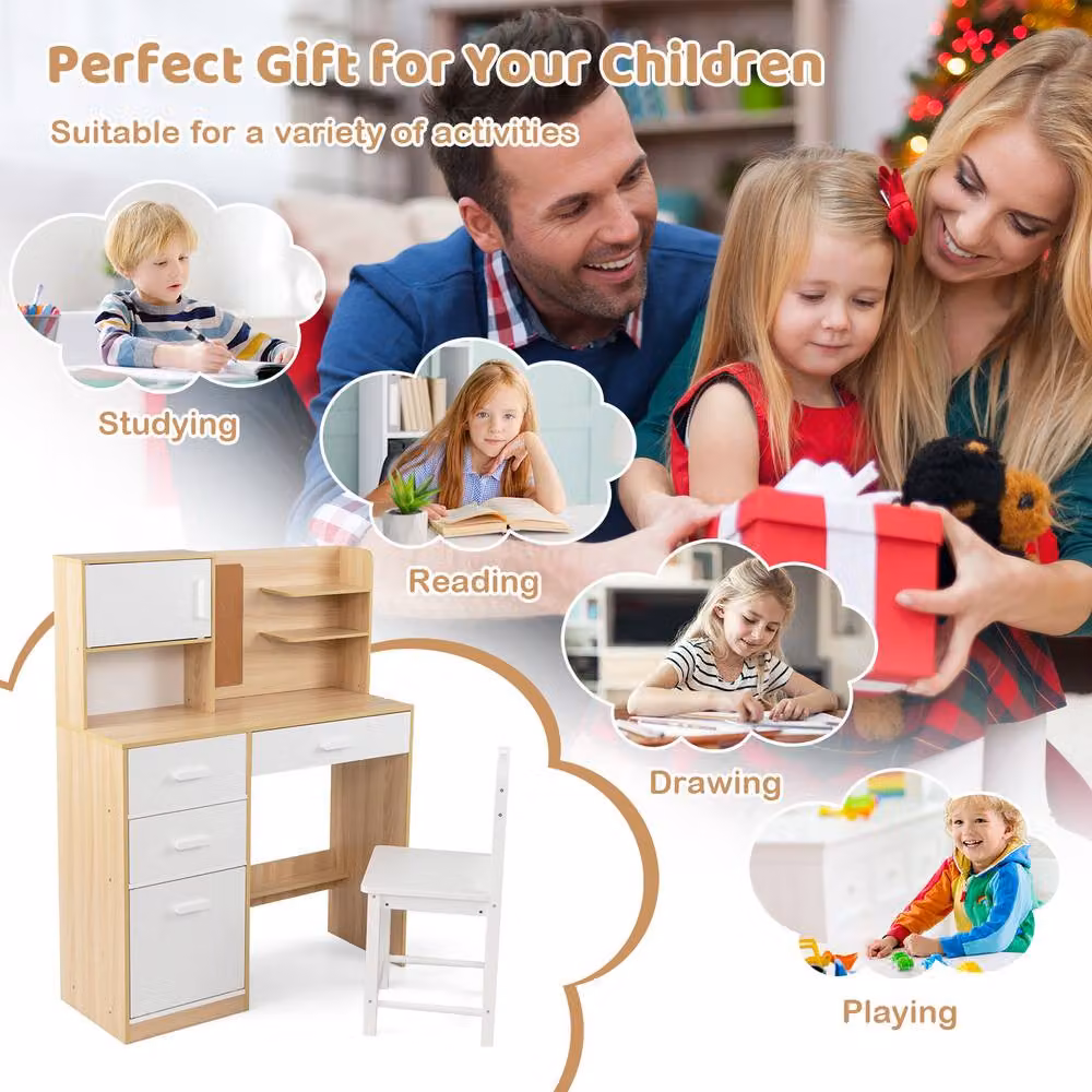 CASART Kids Wooden Desk and Chair Set with Hutch in Natural Pine – 3