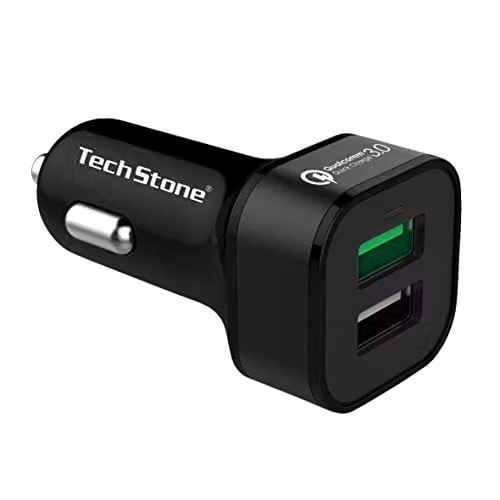 TechStone Dual USB Car Charger with Quick Charge 3.0 in Black and Multicolour