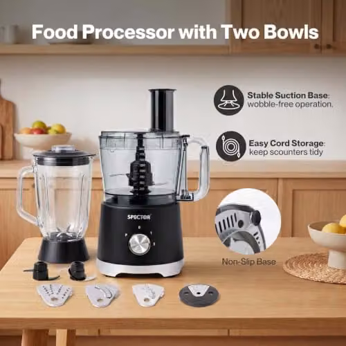 Spector Food Processor 1500W with 2.5L Bowl and 1.5L Glass Jug, Black – 11