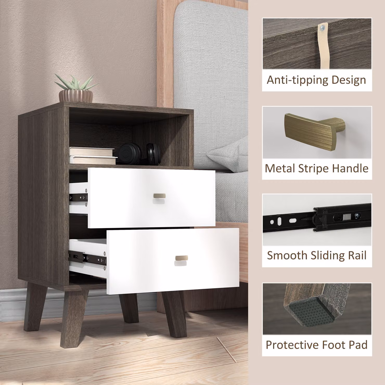 HOMCOM Industrial-Scandinavian Style Bedside Table with Drawers and Shelf in Black and White – 5