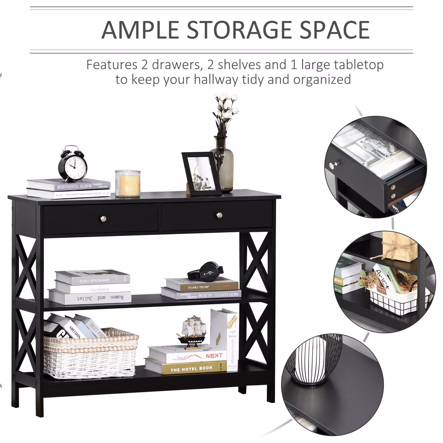 HOMCOM Modern Black Table Sofa Desk with Shelves and Drawers for your Living Room, Bedroom or Hallway – 3