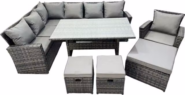 Fimous 10 Seat Rattan High Back Corner Sofa Set with 3 Stools in Dark Grey
