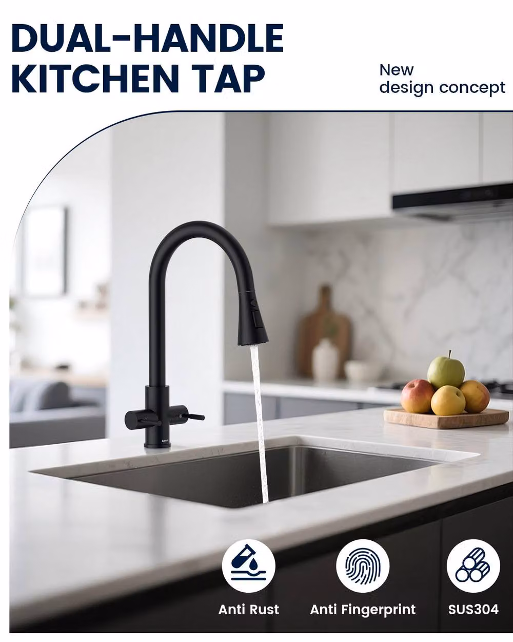 Dayone Sleek Stainless Steel Kitchen Tap with Pull Out Spray and Dual Lever Design in Matt Black – 4