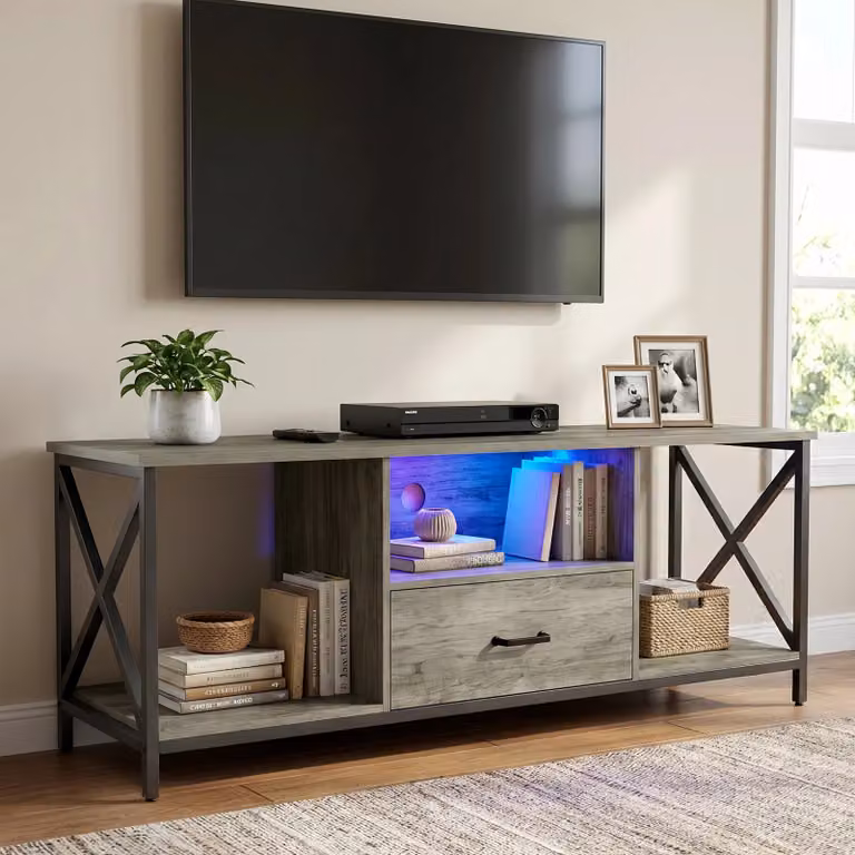 DHS Grey Industrial LED TV Stand with Storage, W: 140 cm, D: 41 cm, H: 53 cm