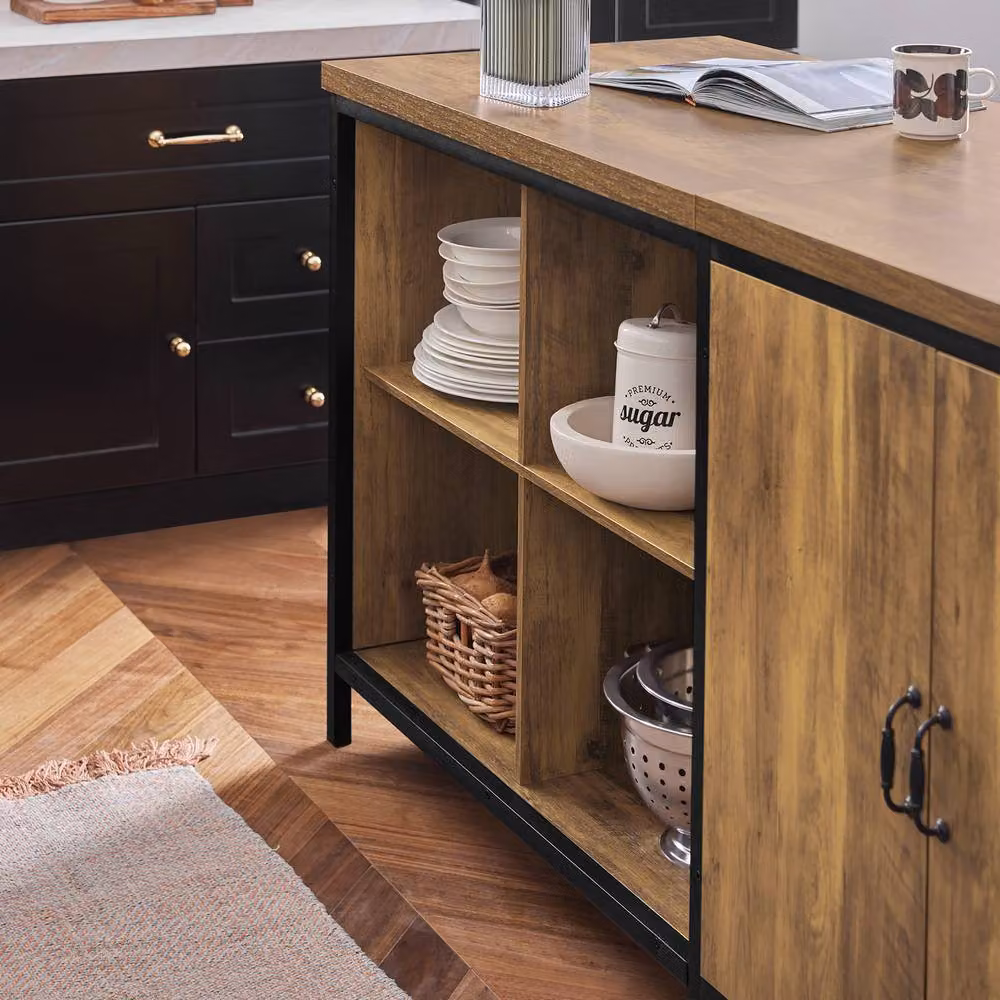 SoBuy Industrial Style Mobile Kitchen Island in Brown with Wood-Effect MDF Top – 3
