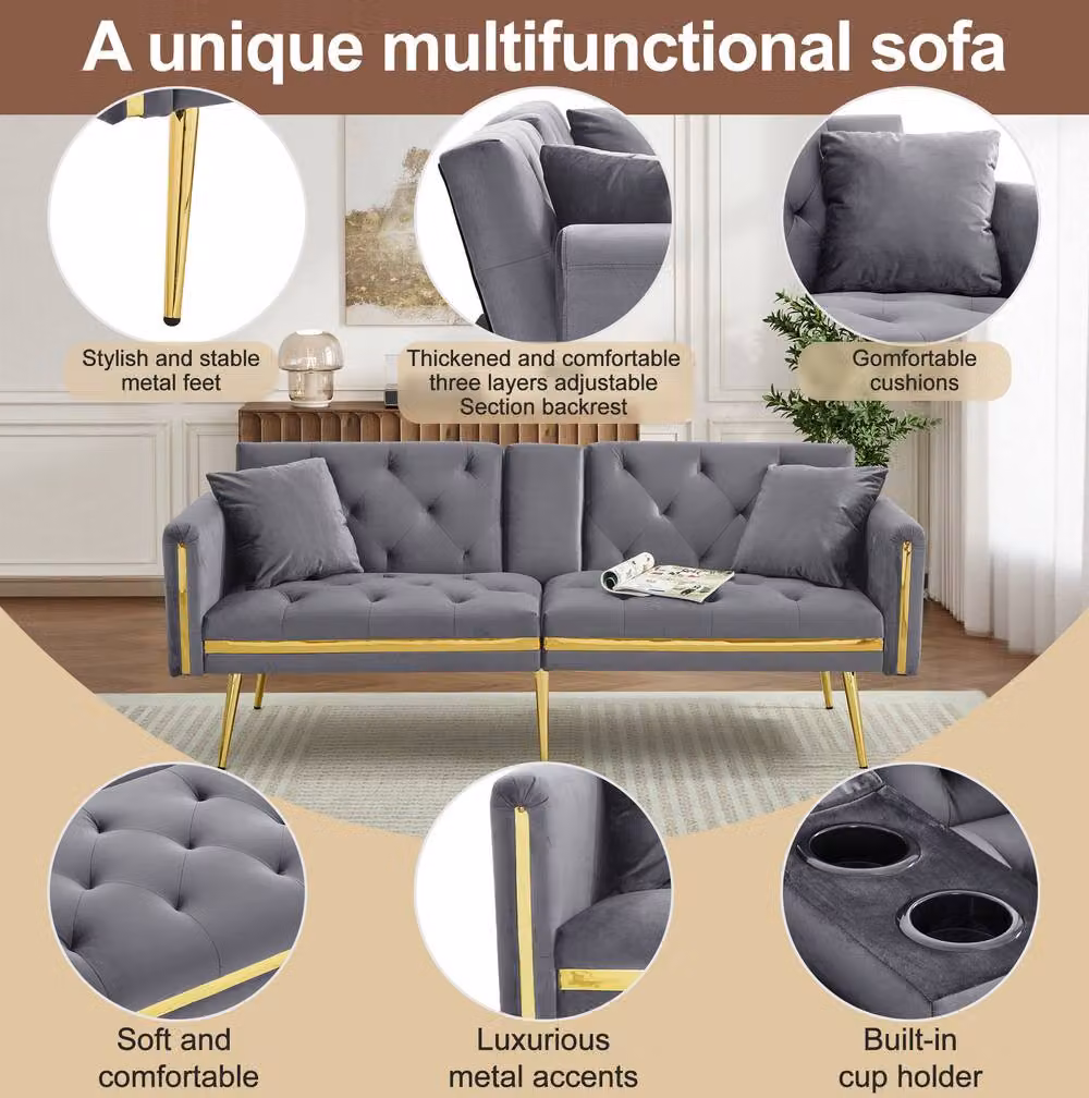STILVORA 2-Seater Grey Velvet Sofa Bed with Adjustable Headrest and Cup Holders – 5