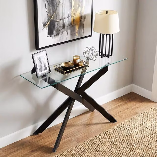 Costway Modern Glass Console Table with Black X-Frame and Clear Tempered Glass Top, Width: 115 cm – 1