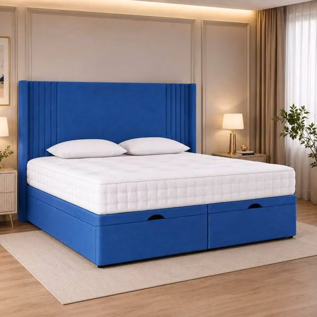 Soft Snooze Beds Oxford Winged Divan Ottoman Bed in Blue Velvet, W/D/H: 90 x 200 cm