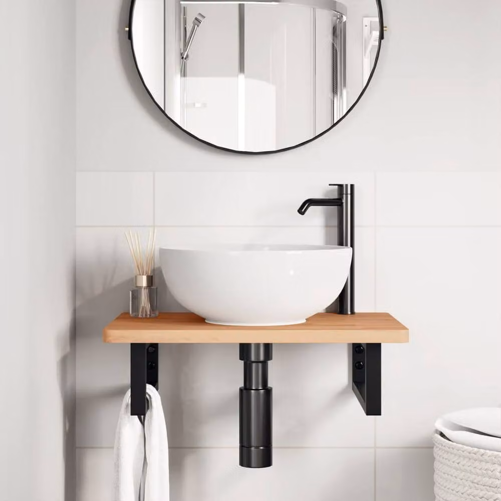 Berkfield Home Wall Mounted Basin Shelf in Brown Steel and Solid Beech Wood – 2