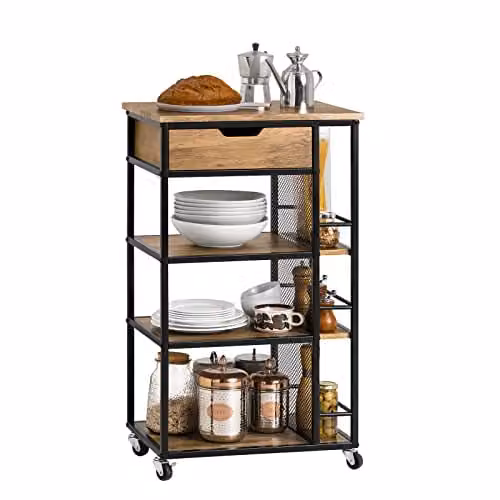 SoBuy Industrial Kitchen Trolley Cart with Drawer and 3 Shelves, Brown, W/D/H: 50 x 37 x 87 cm – 1