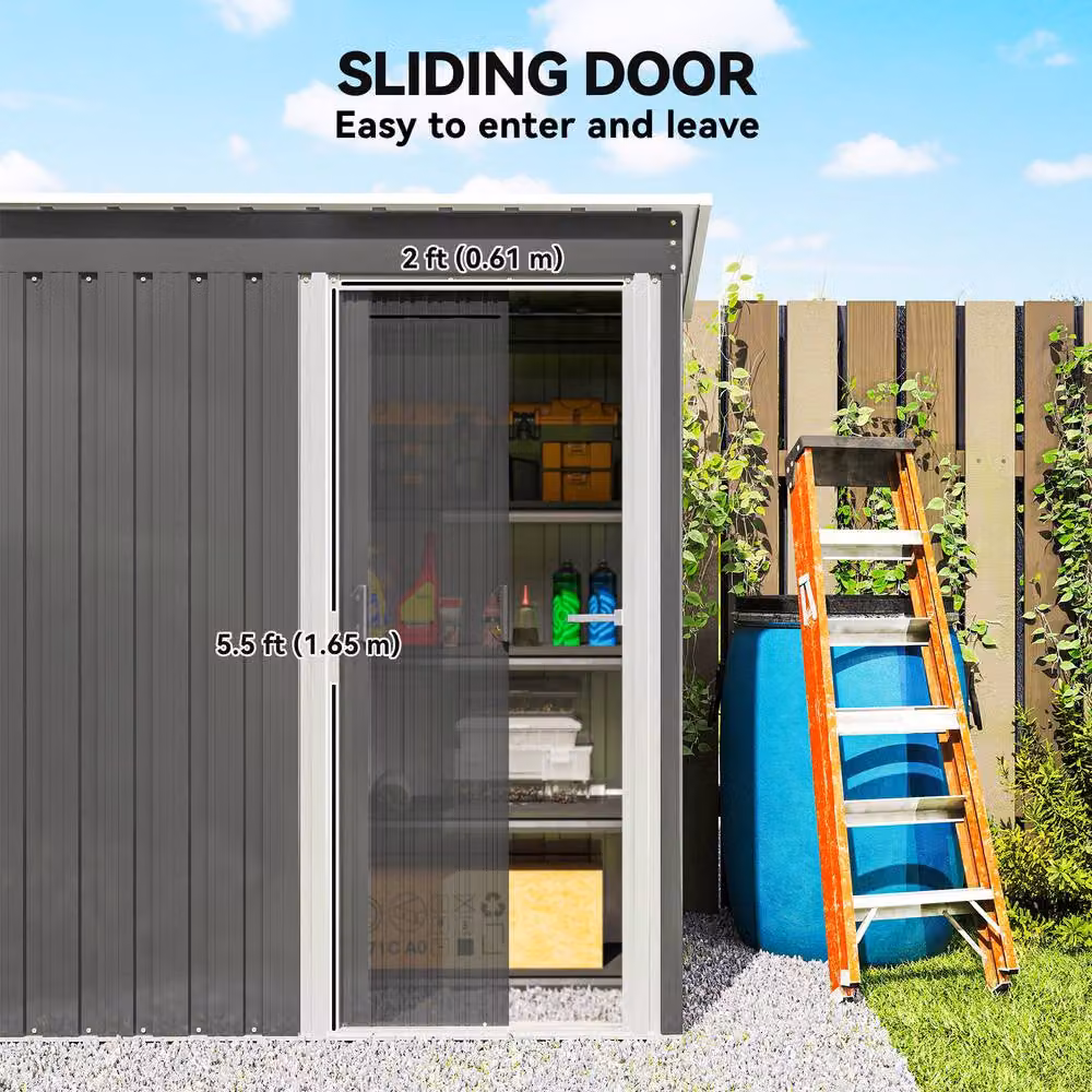 Rolipo Metal Garden Storage Shed with Sliding Door and Sloped Roof, Light Grey, W: 150 cm, D: 91.44 cm, H: 150 cm – 6
