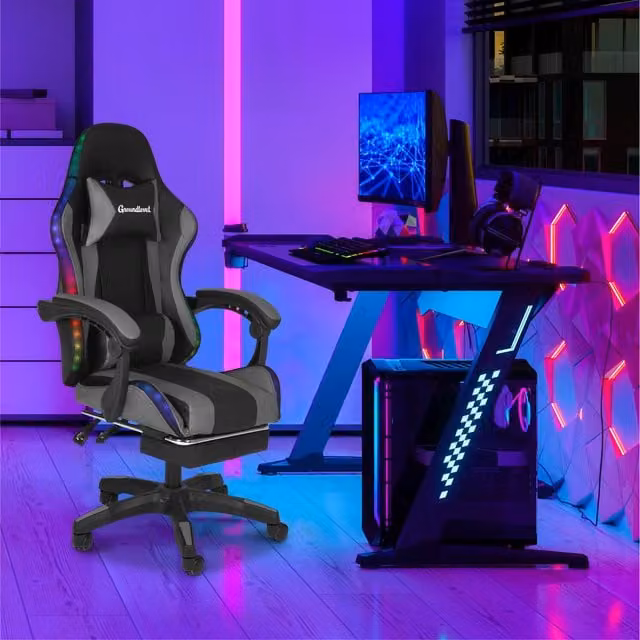 Groundlevel Grey Synthetic Leather Sporty Gaming Chair with Headrest, Armrests and Castors
