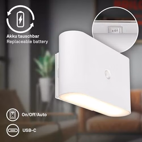 Briloner Rechargeable LED Wall Light with Motion Sensor and Up & Down Lighting, White, W/D/H: 16 x 9.5 x 6.5 cm – 5