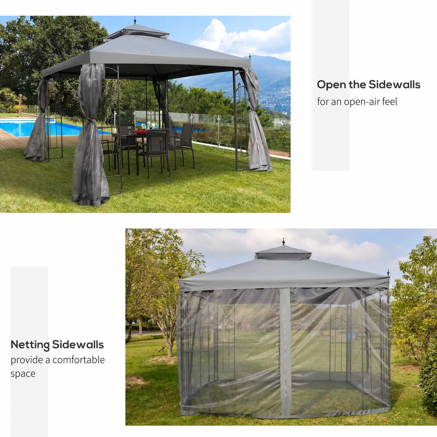 Outsunny Grey Garden Gazebo with Double Top and Curtains, W/D: 300 x 300 cm – 4