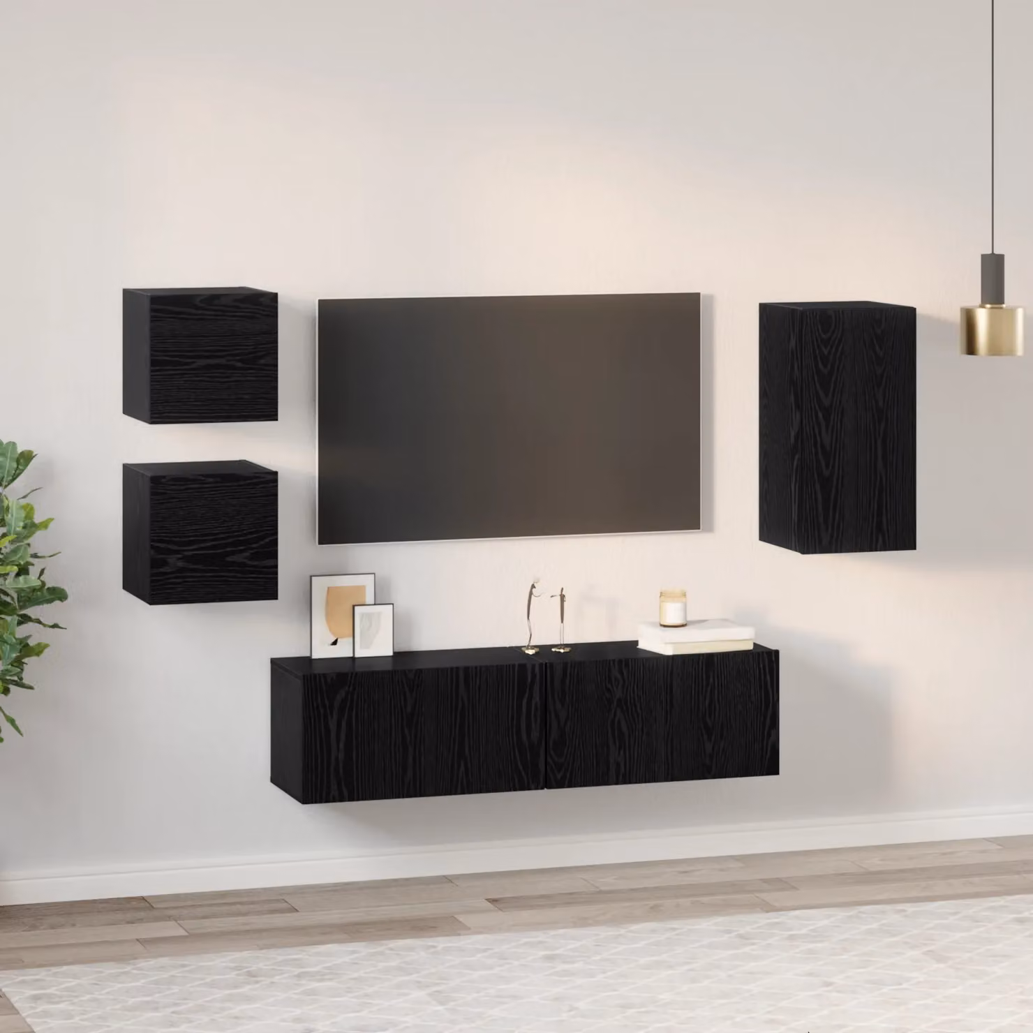 Berkfield Home Modern 5-Piece Black Oak TV Cabinet Set with Wall-Mounted Storage and Lowboard – 3