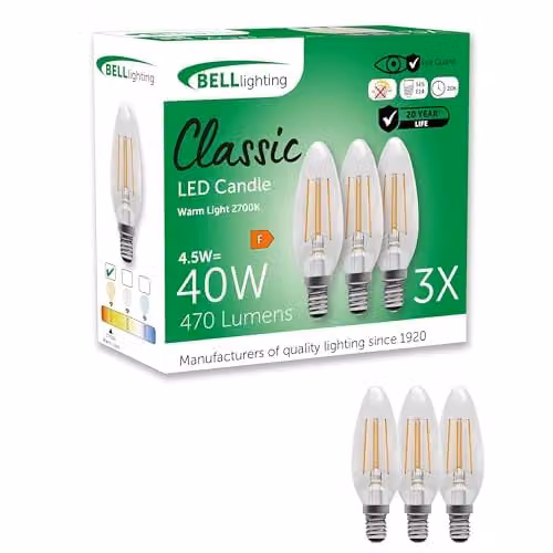BELL Lighting E14 LED Filament Candle Bulbs, Warm White, Pack of 3
