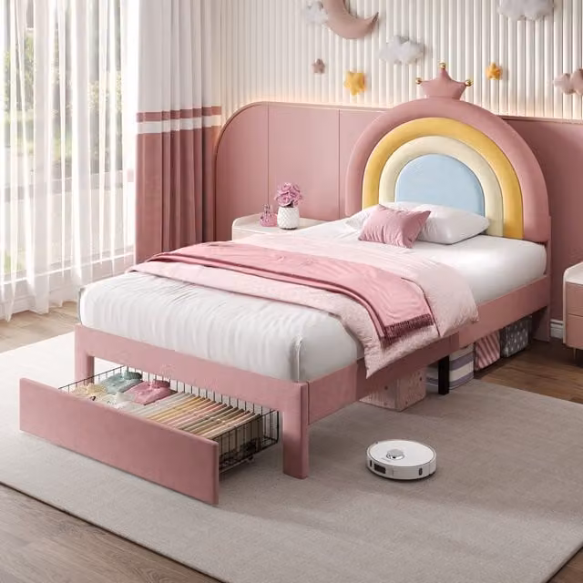 Matteo Pink Velvet Single Bed Frame with Adjustable Rainbow Headboard and Storage Drawer