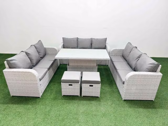 Fimous 11 Seater PE Rattan Outdoor Garden Furniture Set in Light Grey with 3 Seater Sofa, 2 Stools, and Adjustable Lifting Coffee Table
