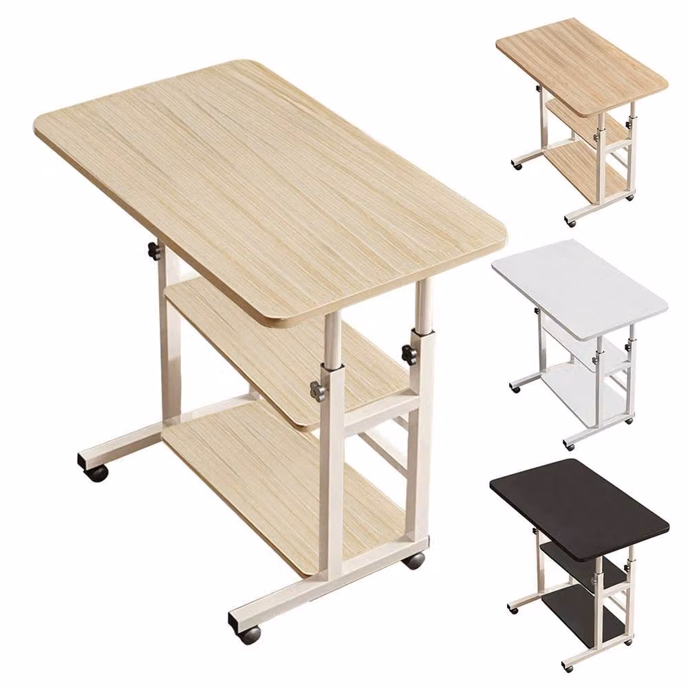 Living and Home 3-Tier Height Adjustable Mobile Overbed Desk with Shelves and Castors in Beige – 3