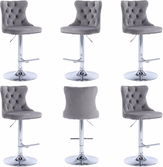 Modern Home Touch Set of 6 Luxury Velvet Adjustable Swivel Bar Stools with Metal Base in Grey – 1
