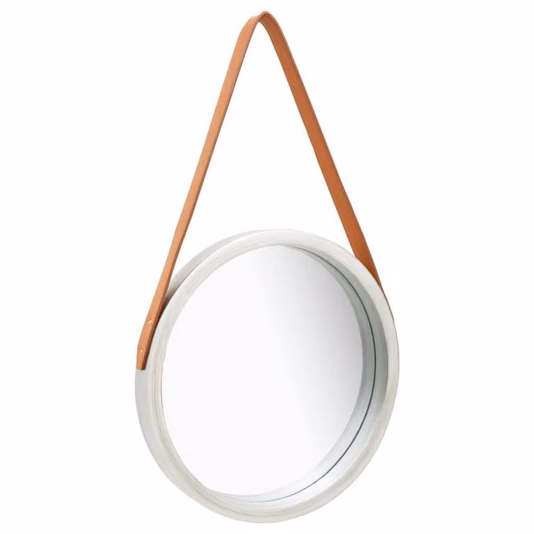 Berkfield Home Round Wall Mirror with Strap, Silver and Brown, Diameter: 40 cm